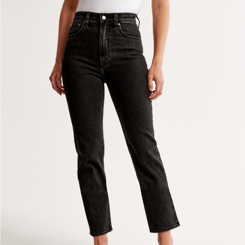 Abercrombie & Fitch Black Ultra High Rise Ankle Straight Jeans with Raw Hem